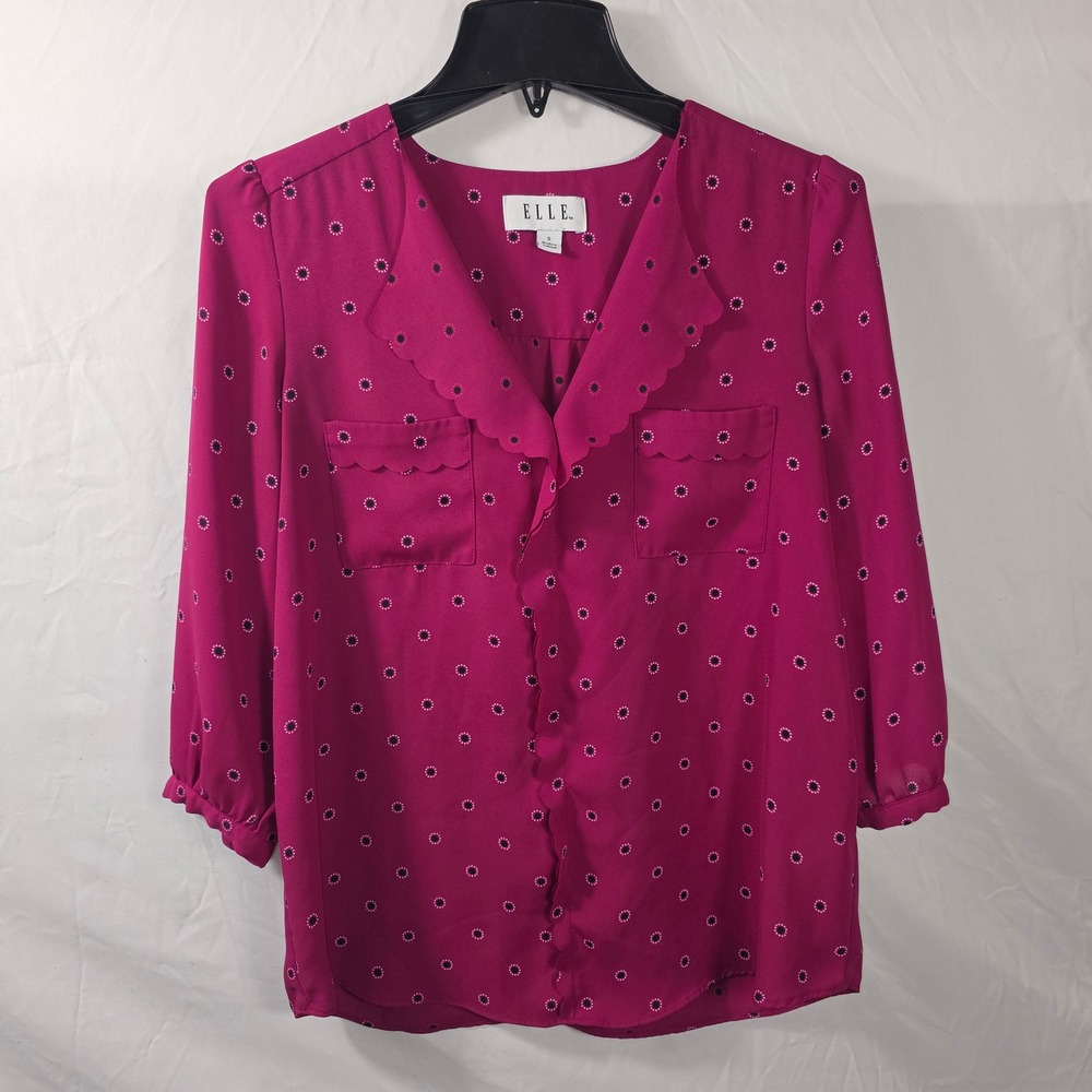 Elle Blouse Womens Small Pink Excellent Scalloped Daisy Dot 3/4 Sleeve Top
